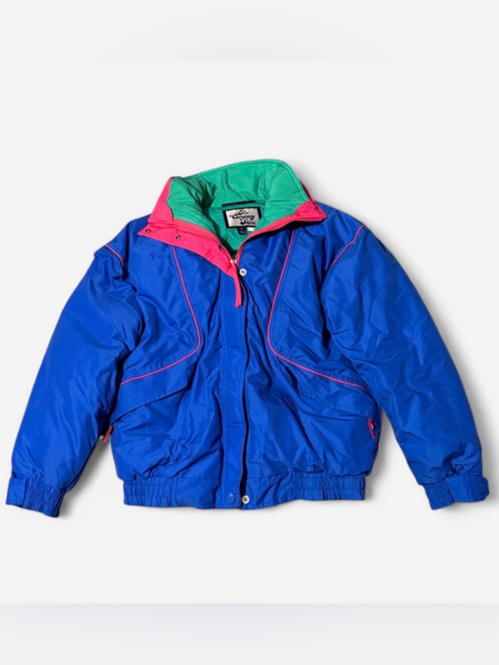 The Company Store Bright Blue Puffer Jacket with Pink Trim and Green Lining